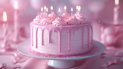  A decorated cake with pink icing and lit candles on a cake platter surrounded by pink confetti
