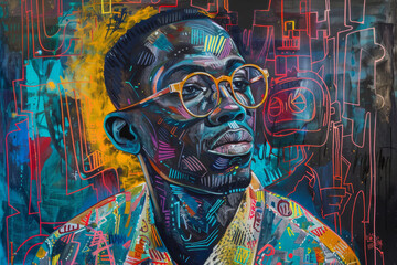 A man with glasses is painted on a colorful background