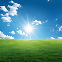 Obraz premium A vast green field with clouds floating in the clear sky and sunlight shining on it, grasslands