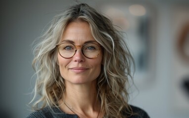 Obraz premium A confident mature businesswoman with curly hair and eyeglasses smiles warmly while standing in a bright, modern office