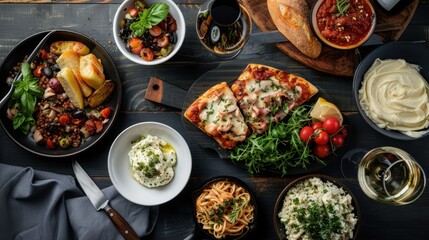 A wooden table covered with a variety of delicious dishes including pasta, pizza, bread, and salads, paired with both red and white wine, ready for a feast.