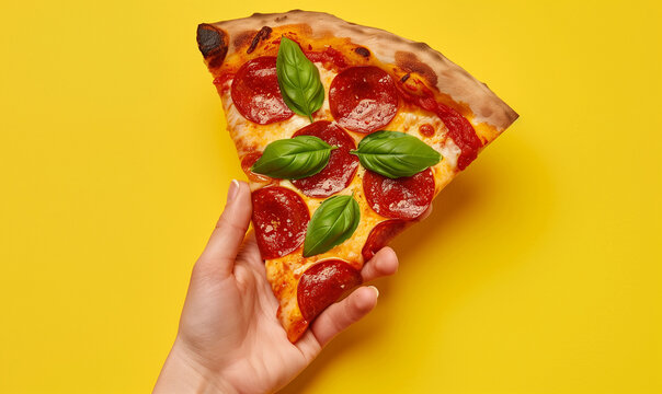 dłoń trzymająca kawałek pysznej pizzy pepperoni na ż&oacute;łtym jednolitym tle