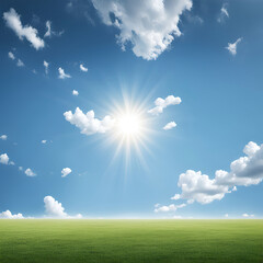 Fototapeta premium A vast green field with clouds floating in the clear sky and sunlight shining on it, grasslands