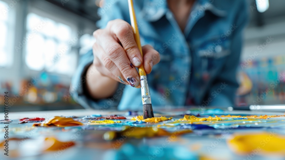 Poster this dynamic image captures an artist actively painting vibrantly on a canvas in a creative studio e