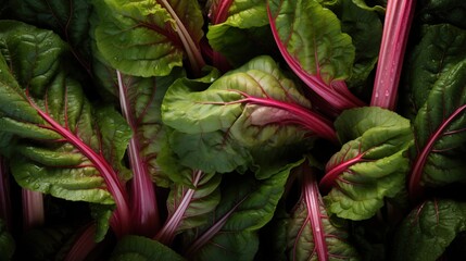 A close-up view of vibrant rhubarb leaves with striking red stems. The lush green leaves are arranged in a natural pattern, showcasing their texture and color variations.