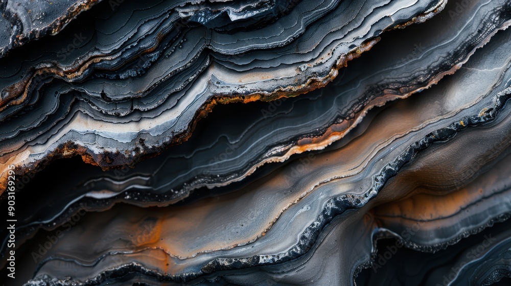 Poster a captivating stock image of dark geological layers featuring subtle orange highlights, emphasizing 