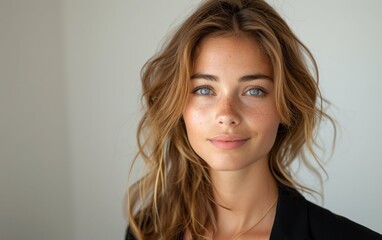 Naklejka premium A young business woman with long hair and blue eyes presents a confident smile, showcasing her professionalism and approachability in a simple setting