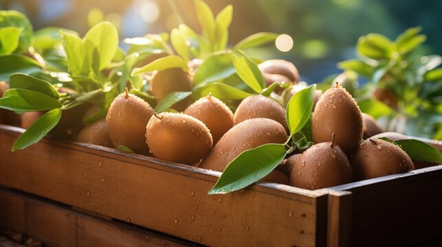 A wooden crate filled with fresh sapodilla surrounded by green leaves, glistening with water droplets in soft sunlight.