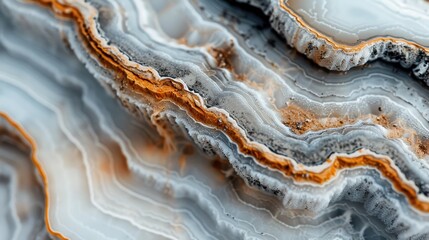 In this close-up image, crystallized layers of minerals display stunning patterns and textures in varying shades of orange, white, and gray, highlighting natural geological beauty.