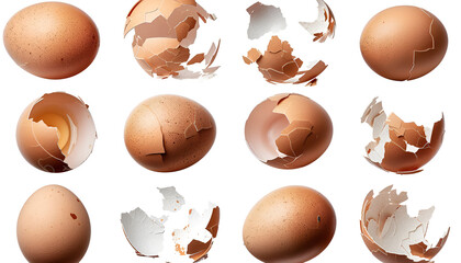 Set of fresh brown egg shell broken Isolated on white background