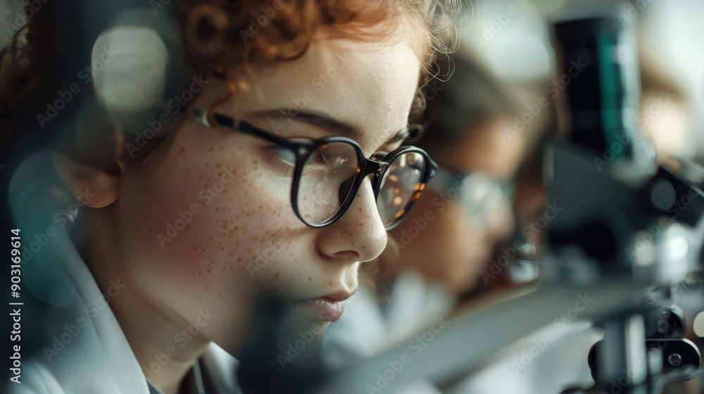Poster in a laboratory setting, a scientist is focused on working with a microscope, highlighting the impor
