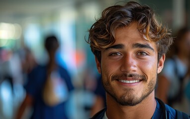Fototapeta premium A young male nurse is smiling warmly in a busy hospital corridor, showcasing a friendly demeanor while interacting with colleagues and patients
