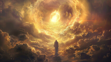 A person is standing in the sky, surrounded by clouds