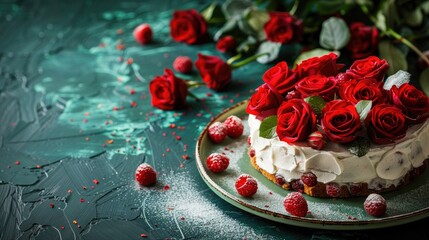 Red roses and a sweet cake on green background greeting card with copy space