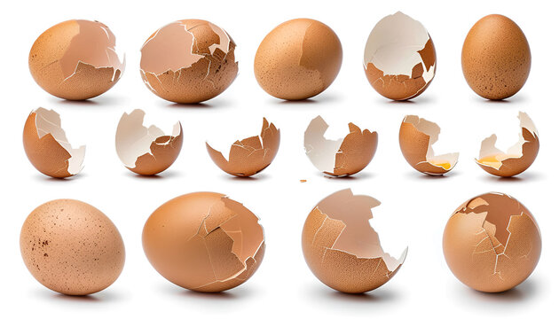 Set of fresh brown egg shell broken Isolated on white background