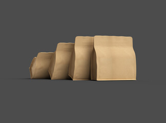Render of a square paper doy-pack packaging with a zipper on a dark background
