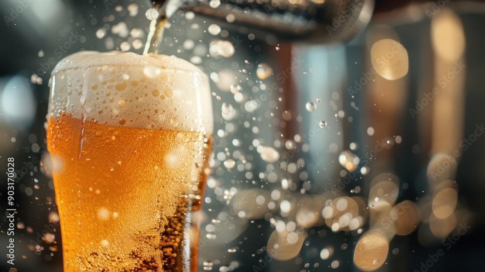 Poster An action shot capturing the moment as beer splashes into a glass, creating a frothy head and droplets, symbolizing excitement and the joy of beverage enjoyment.