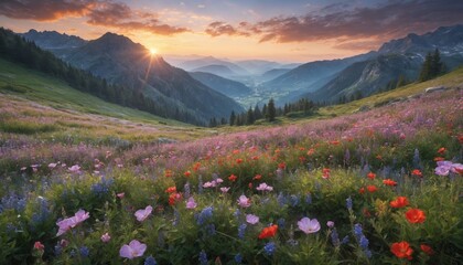 Mountain meadow blooms at sunset