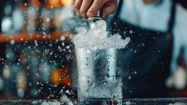 Image depicting a bartender scooping ice into a metallic shaker with ice cubes spilling out, capturing a sense of action and urgency in a lively bar setting. - Powered by Adobe