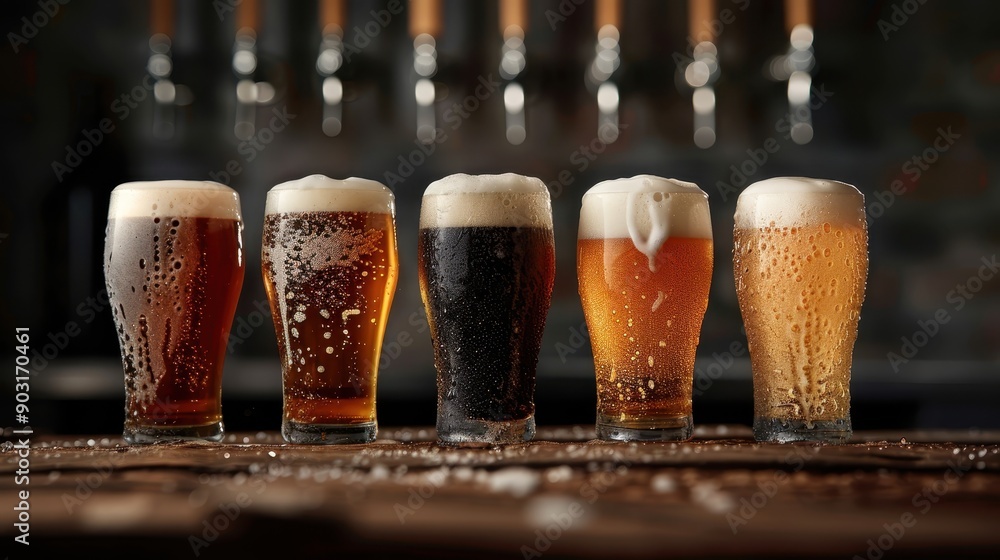 Poster five glasses each containing a different type of beer, showcasing a range from light to dark with fr