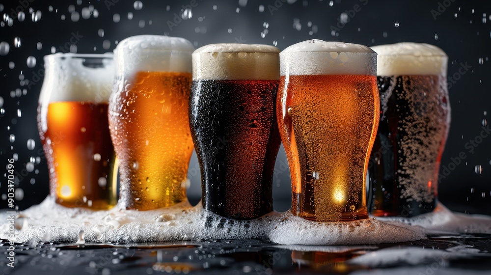 Poster close-up image of multiple glasses filled with different types of beer, showcasing the colors and fo