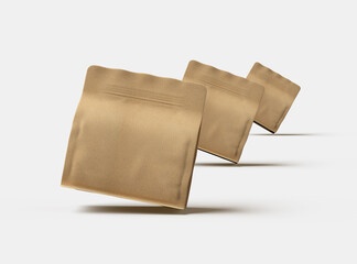 Render of a square paper doy-pack packaging with a zipper on a light background