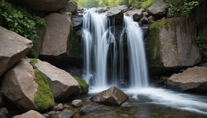 Fototapeta premium A cascading waterfall plunges through moss-covered rocks in a lush forest