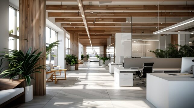 A beautifully designed modern open office space with large windows allowing natural light and adorned with numerous green plants, giving it a refreshing and airy feel.