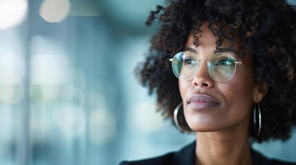 A confident woman with curly hair and glasses looks thoughtfully into the distance, exuding strength and determination in a modern setting.