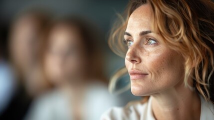 Obraz premium A thoughtful woman with light brown hair and freckles gazes towards the horizon, reflecting deeply during a serious meeting, showing introspective and focused demeanor.
