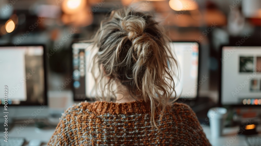 Poster a woman with a messy bun is focused on her work sitting in front of multiple computer screens in a m