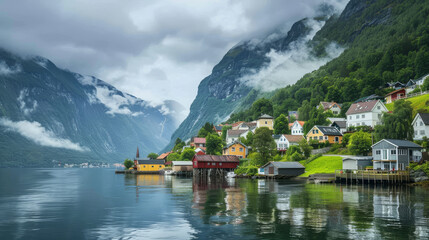 Fototapeta premium A small town with houses and a lake in the background