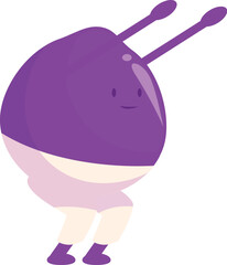 Happy cartoon character wearing purple is doing squats