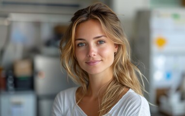 A professional woman stands in her office, exuding confidence and focus while engaged in her work environment