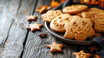 Fototapeta premium Ginger cookies on a wooden table for Halloween with space for text