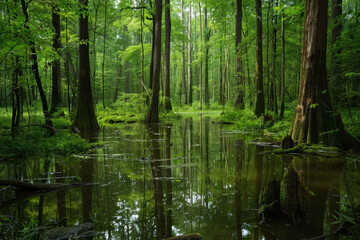 A forest with a body of water in the middle