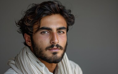 Obraz premium A young man poses confidently in traditional Pakistani attire, showcasing his striking features and cultural heritage with a serene expression