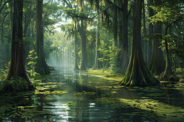 Obraz premium A lush green forest with a river running through it