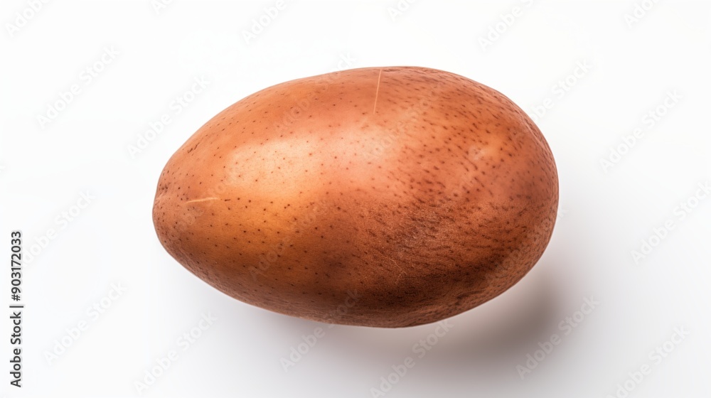 Poster A single sapodilla with a smooth skin, placed on a white background. The potato has a slightly oval shape with small eyes visible on its surface.