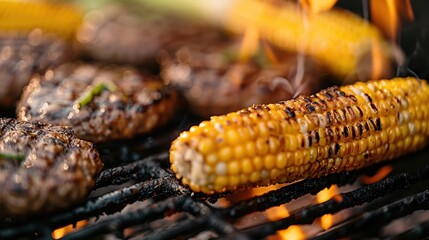 A close-up image of grilled corn alongside burgers on a barbecue grill, showcasing the textures and...