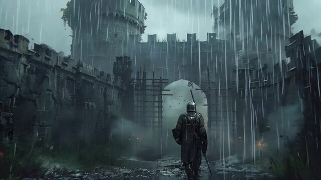A man walking up to an old medieval castle