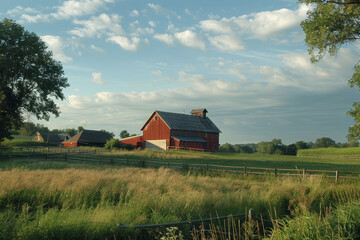 Fototapeta premium A red barn sits in a field with a fence around it