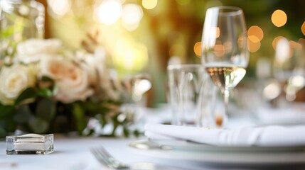 A beautifully set table adorned with flowers and wine glasses, ready for a special occasion set in an outdoor environment, creating an inviting and elegant atmosphere.