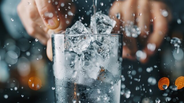 An action shot of a drink being poured into a glass with ice cubes, capturing the moment of impact as the liquid splashes and creates a visually striking effect.