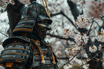 A samurai warrior stands in front of a tree with pink flowers