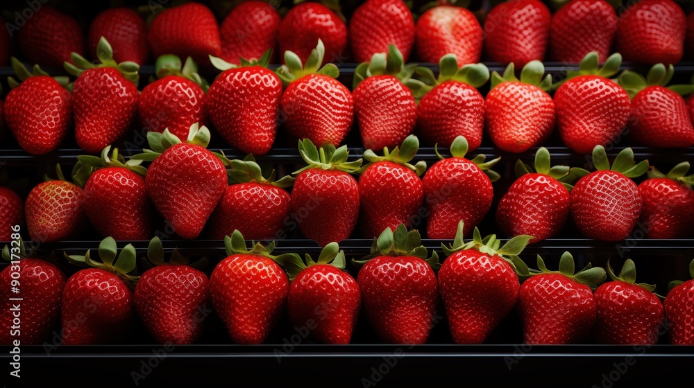 Poster a close-up view of fresh, ripe strawberries arranged in neat rows.