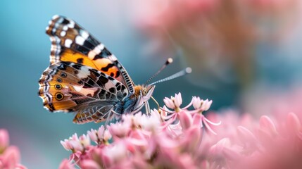Obraz premium A detailed close-up of a brightly colored butterfly resting on pink flowers, showcasing its intricate wing patterns in a natural setting with blurred background.