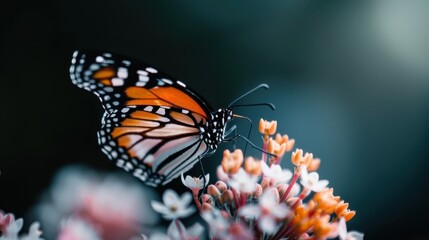 Fototapeta premium Close-up of a butterfly with detailed wing patterns, perched on pink and white flowers. The background is softly blurred, emphasizing the delicate beauty of the scene.