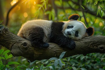 Fototapeta premium Giant Panda Sleeping on a Tree Branch in a Forest - High Resolution Nature Photography