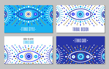 Business card set with of Turkish evil eye symbol pattern. Ethnic style blue greek protection from the spoilage signs with golden details. EPS 10 vector.